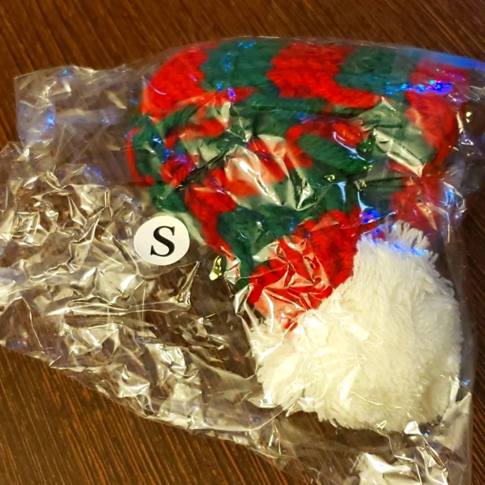Cat Santa Hat with Red and Green Striped Scarf with a Pom Pom Size S